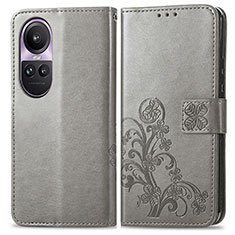 Coque Portefeuille Fleurs Livre Cuir Etui Clapet pour Oppo Reno10 5G Gris