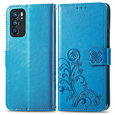 Coque Portefeuille Fleurs Livre Cuir Etui Clapet pour Oppo Reno6 5G Bleu