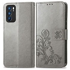 Coque Portefeuille Fleurs Livre Cuir Etui Clapet pour Oppo Reno6 5G Gris