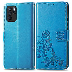 Coque Portefeuille Fleurs Livre Cuir Etui Clapet pour Oppo Reno6 Z 5G Bleu