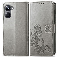 Coque Portefeuille Fleurs Livre Cuir Etui Clapet pour Realme 10 Pro 5G Gris