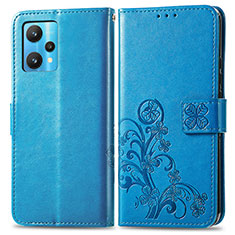 Coque Portefeuille Fleurs Livre Cuir Etui Clapet pour Realme 9 4G Bleu