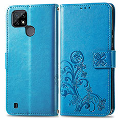 Coque Portefeuille Fleurs Livre Cuir Etui Clapet pour Realme C21 Bleu