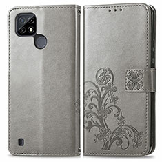 Coque Portefeuille Fleurs Livre Cuir Etui Clapet pour Realme C21 Gris