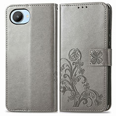 Coque Portefeuille Fleurs Livre Cuir Etui Clapet pour Realme C30 Gris