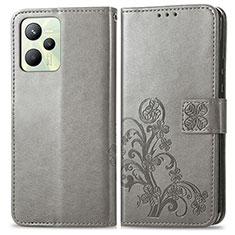 Coque Portefeuille Fleurs Livre Cuir Etui Clapet pour Realme C35 Gris