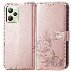 Coque Portefeuille Fleurs Livre Cuir Etui Clapet pour Realme C35 Or Rose