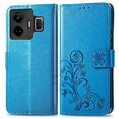 Coque Portefeuille Fleurs Livre Cuir Etui Clapet pour Realme GT Neo5 5G Bleu