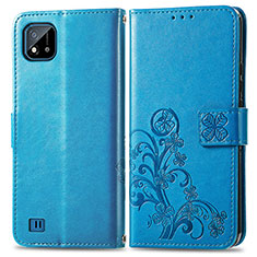 Coque Portefeuille Fleurs Livre Cuir Etui Clapet pour Realme Narzo 50i Bleu