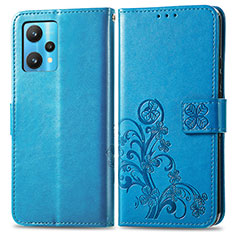 Coque Portefeuille Fleurs Livre Cuir Etui Clapet pour Realme Q5 5G Bleu