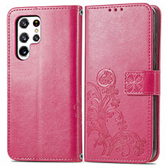 Coque Portefeuille Fleurs Livre Cuir Etui Clapet pour Samsung Galaxy S21 Ultra 5G Rouge