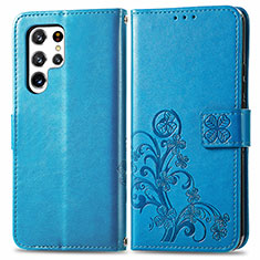 Coque Portefeuille Fleurs Livre Cuir Etui Clapet pour Samsung Galaxy S24 Ultra 5G Bleu