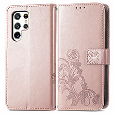 Coque Portefeuille Fleurs Livre Cuir Etui Clapet pour Samsung Galaxy S24 Ultra 5G Rose