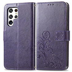 Coque Portefeuille Fleurs Livre Cuir Etui Clapet pour Samsung Galaxy S24 Ultra 5G Violet