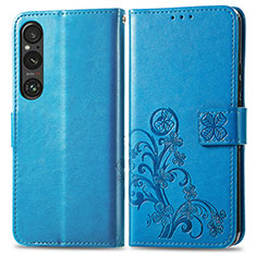 Coque Portefeuille Fleurs Livre Cuir Etui Clapet pour Sony Xperia 1 V Bleu