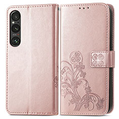 Coque Portefeuille Fleurs Livre Cuir Etui Clapet pour Sony Xperia 1 V Or Rose