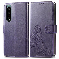 Coque Portefeuille Fleurs Livre Cuir Etui Clapet pour Sony Xperia 5 III Violet