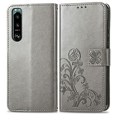 Coque Portefeuille Fleurs Livre Cuir Etui Clapet pour Sony Xperia 5 IV Gris