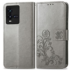 Coque Portefeuille Fleurs Livre Cuir Etui Clapet pour Vivo iQOO 9T 5G Gris