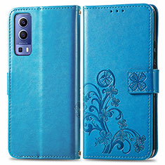 Coque Portefeuille Fleurs Livre Cuir Etui Clapet pour Vivo iQOO Z3 5G Bleu