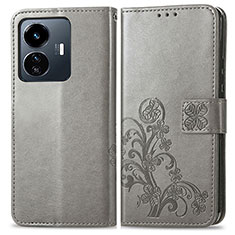 Coque Portefeuille Fleurs Livre Cuir Etui Clapet pour Vivo iQOO Z6 Lite 5G Gris