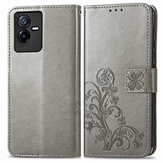 Coque Portefeuille Fleurs Livre Cuir Etui Clapet pour Vivo iQOO Z6x Gris