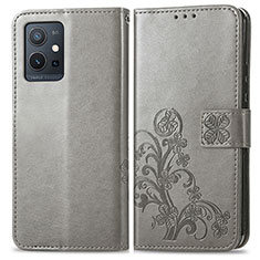 Coque Portefeuille Fleurs Livre Cuir Etui Clapet pour Vivo T1 5G India Gris