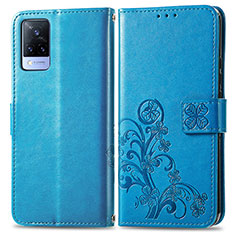 Coque Portefeuille Fleurs Livre Cuir Etui Clapet pour Vivo V21 5G Bleu