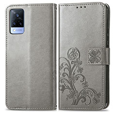 Coque Portefeuille Fleurs Livre Cuir Etui Clapet pour Vivo V21 5G Gris