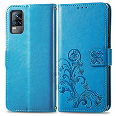 Coque Portefeuille Fleurs Livre Cuir Etui Clapet pour Vivo V21e 4G Bleu