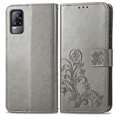 Coque Portefeuille Fleurs Livre Cuir Etui Clapet pour Vivo V21e 4G Gris