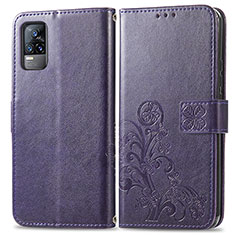 Coque Portefeuille Fleurs Livre Cuir Etui Clapet pour Vivo V21e 4G Violet