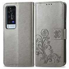 Coque Portefeuille Fleurs Livre Cuir Etui Clapet pour Vivo X60 Pro+ Plus 5G Gris