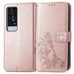 Coque Portefeuille Fleurs Livre Cuir Etui Clapet pour Vivo X60 Pro+ Plus 5G Rose