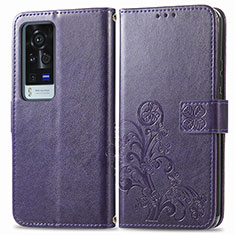 Coque Portefeuille Fleurs Livre Cuir Etui Clapet pour Vivo X60 Pro+ Plus 5G Violet