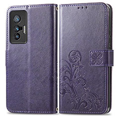 Coque Portefeuille Fleurs Livre Cuir Etui Clapet pour Vivo X70 5G Violet