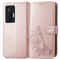 Coque Portefeuille Fleurs Livre Cuir Etui Clapet pour Vivo X70 Pro 5G Rose