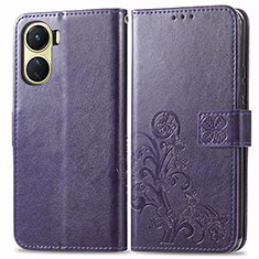 Coque Portefeuille Fleurs Livre Cuir Etui Clapet pour Vivo Y02S Violet