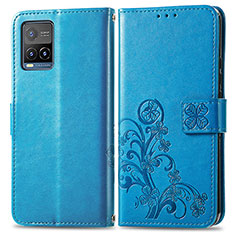 Coque Portefeuille Fleurs Livre Cuir Etui Clapet pour Vivo Y21 Bleu