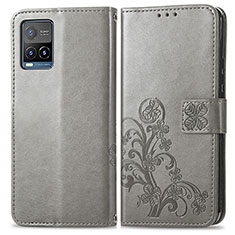 Coque Portefeuille Fleurs Livre Cuir Etui Clapet pour Vivo Y21 Gris