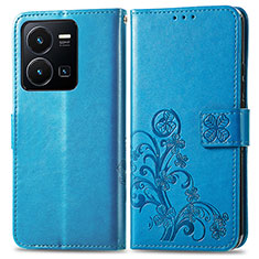 Coque Portefeuille Fleurs Livre Cuir Etui Clapet pour Vivo Y35 4G Bleu
