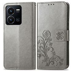 Coque Portefeuille Fleurs Livre Cuir Etui Clapet pour Vivo Y35 4G Gris