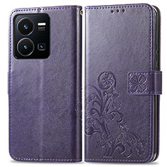 Coque Portefeuille Fleurs Livre Cuir Etui Clapet pour Vivo Y35 4G Violet