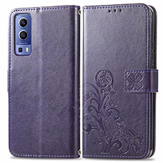 Coque Portefeuille Fleurs Livre Cuir Etui Clapet pour Vivo Y52 5G Violet