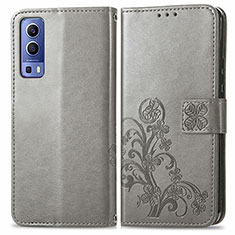 Coque Portefeuille Fleurs Livre Cuir Etui Clapet pour Vivo Y72 5G Gris