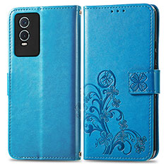 Coque Portefeuille Fleurs Livre Cuir Etui Clapet pour Vivo Y76s 5G Bleu