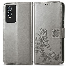 Coque Portefeuille Fleurs Livre Cuir Etui Clapet pour Vivo Y76s 5G Gris