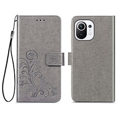 Coque Portefeuille Fleurs Livre Cuir Etui Clapet pour Xiaomi Mi 11 Lite 4G Gris