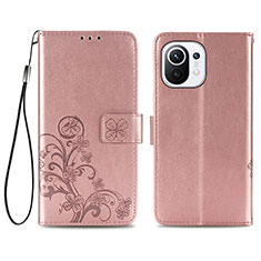 Coque Portefeuille Fleurs Livre Cuir Etui Clapet pour Xiaomi Mi 11 Lite 4G Rose