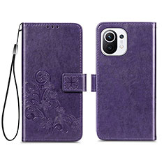 Coque Portefeuille Fleurs Livre Cuir Etui Clapet pour Xiaomi Mi 11 Lite 4G Violet